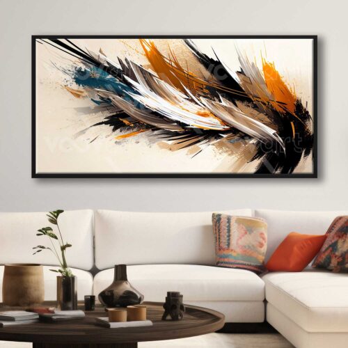 70x140cm Siyah Çerçeveli Soyut Kuş Tüyleri Dekoratif Kanvas Tablo - ART1282