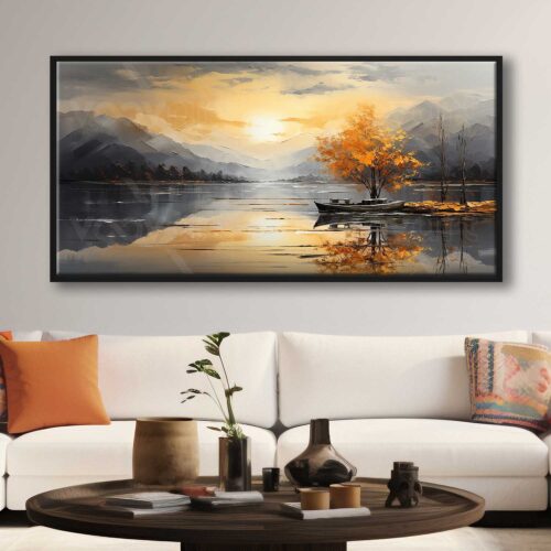 70x140cm Siyah Çerçeveli Nostalji Gün Batımı Dekoratif Kanvas Tablo - ART1283