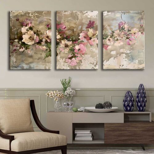 Modern Soyut Çiçekler Kanvas Tablo - 3'lü Canvas Tablo Seti - VOOV4381