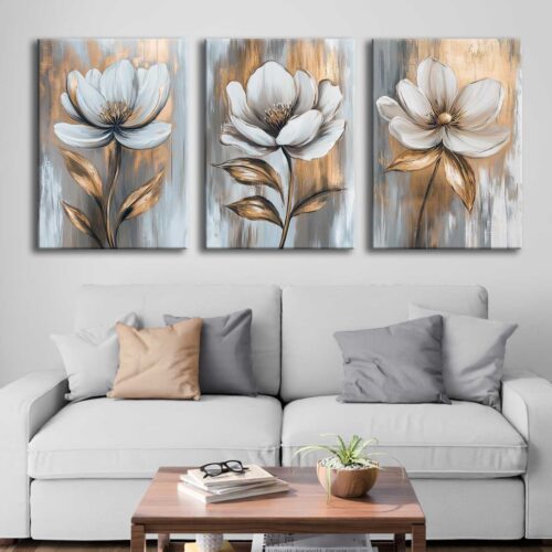 voov4382-2 Modern Soyut Çiçekler Kanvas Tablo - 3'lü Canvas Tablo Seti - VOOV4382