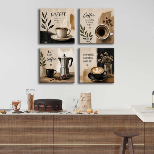 voov7004-3 35x35 Coffee Modern Dekoratif Kanvas Tablo - 4'lü Canvas Tablo Seti - VOOV7004