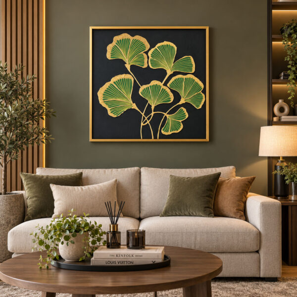 Doğal Ahşap Gold Çerçeveli 66x66cm Kabartma Dokulu Dekoratif Kanvas Tablo - ART8005