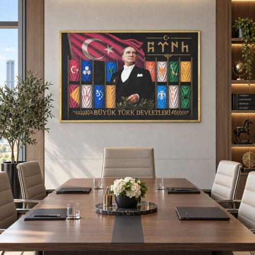 Eskitme Gold Çerçeveli 95x145cm Atatürk ve Büyük Türk Devletleri Dekoratif Kanvas Tablo - ART8002