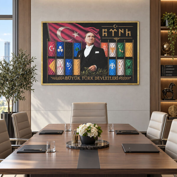 Eskitme Gold Çerçeveli 95x145cm Atatürk ve Büyük Türk Devletleri Dekoratif Kanvas Tablo - ART8002