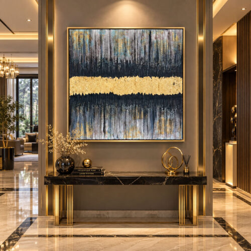 Eskitme Gold Çerçeveli 95x95cm Kabartma Dokulu Soyut Dekoratif Kanvas Tablo - ART8001