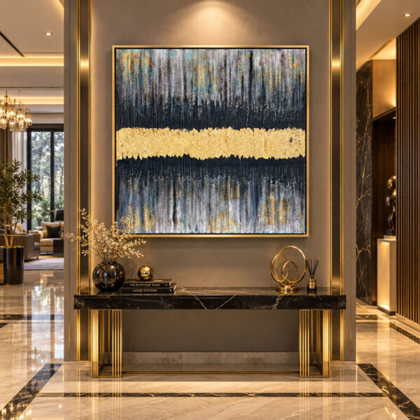 Eskitme Gold Çerçeveli 95x95cm Kabartma Dokulu Soyut Dekoratif Kanvas Tablo - ART8001