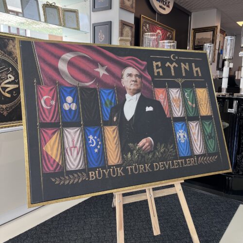 95x144 Eskitme Gold Çerçeveli Atatürk ve Büyük Türk Devletleri Dekoratif Kanvas Tablo - ART8002