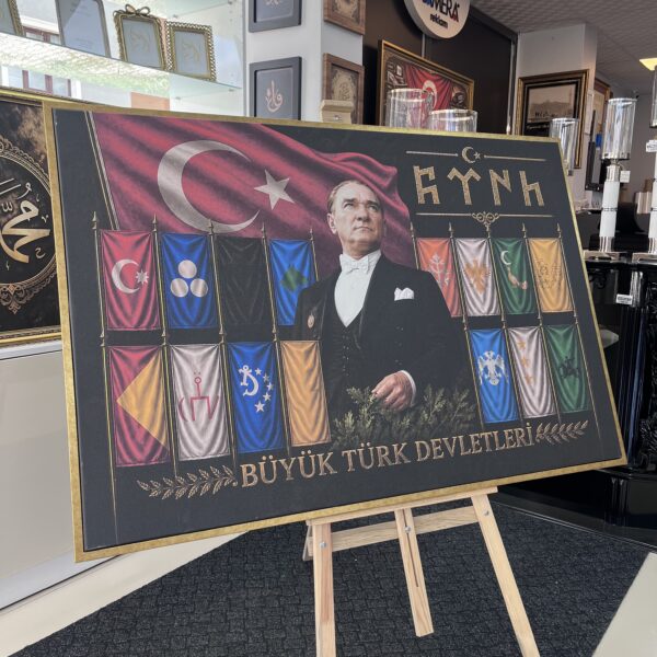 95x144 Eskitme Gold Çerçeveli Atatürk ve Büyük Türk Devletleri Dekoratif Kanvas Tablo - ART8002