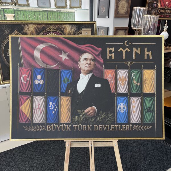 95x144 Eskitme Gold Çerçeveli Atatürk ve Büyük Türk Devletleri Dekoratif Kanvas Tablo - ART8002