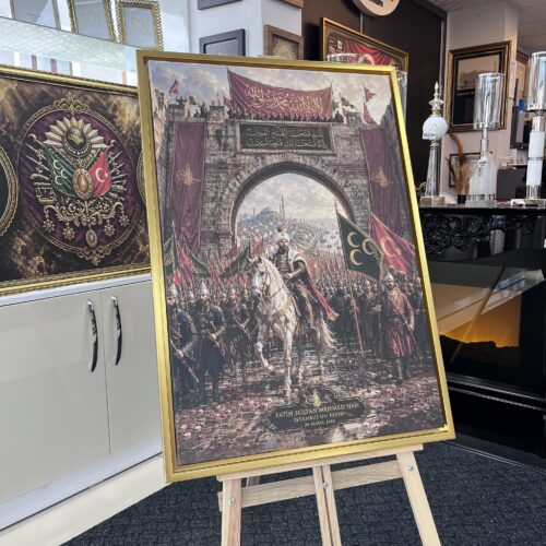 70x100 Eskitme Gold Çerçeveli Fatih Sultan Mehmed İstanbul Fethi Dekoratif Kanvas Tablo - ART8003