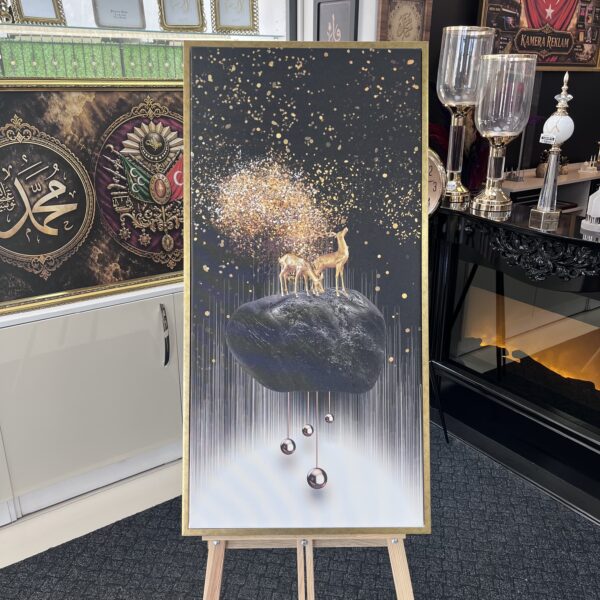 60x120 Gold Çerçeveli Geyik Dekoratif Kanvas Tablo - ART8006