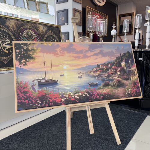 70x140cm Naturel Çerçeveli Sahil Kasabası Manzarası Dekoratif Kanvas Tablo - ART8009
