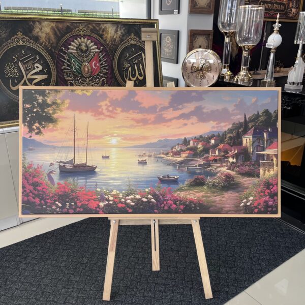 70x140cm Naturel Çerçeveli Sahil Kasabası Manzarası Dekoratif Kanvas Tablo - ART8009
