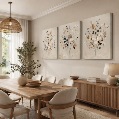 Modern Soyut Çiçekler Kanvas Tablo - 3'lü Canvas Tablo Seti - VOOV4385