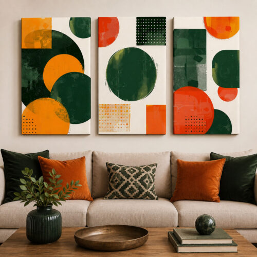 Retro Geometri Kanvas Duvar Tablosu - 3'lü Canvas Tablo Seti - VOOV4386