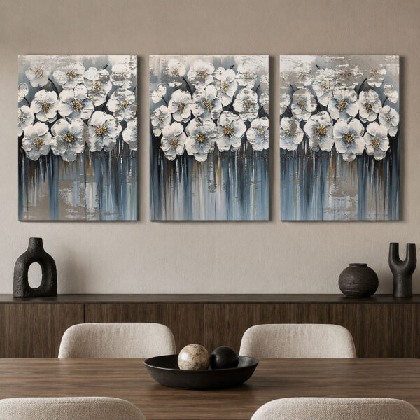 İnci Çiçekleri Kanvas Duvar Tablosu - 3'lü Canvas Tablo Seti - VOOV4387