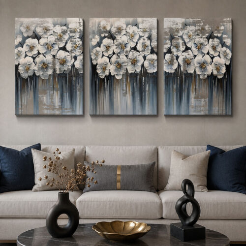 İnci Çiçekleri Kanvas Duvar Tablosu - 3'lü Canvas Tablo Seti - VOOV4387