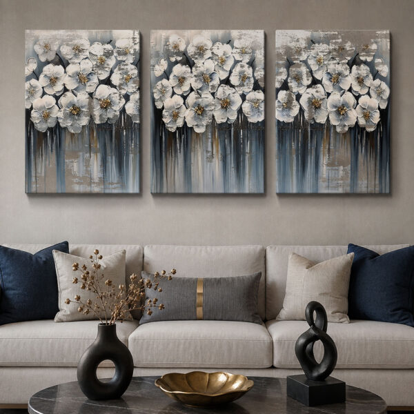 İnci Çiçekleri Kanvas Duvar Tablosu - 3'lü Canvas Tablo Seti - VOOV4387