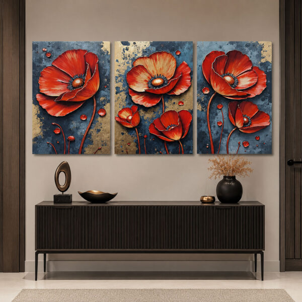 Gelincik Rüyası Kanvas Duvar Tablosu - 3'lü Canvas Tablo Seti - VOOV4388