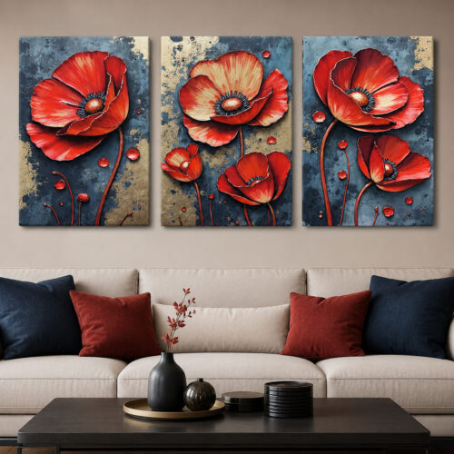 Gelincik Rüyası Kanvas Duvar Tablosu - 3'lü Canvas Tablo Seti - VOOV4388