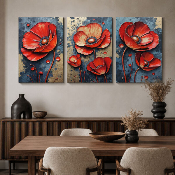 Gelincik Rüyası Kanvas Duvar Tablosu - 3'lü Canvas Tablo Seti - VOOV4388