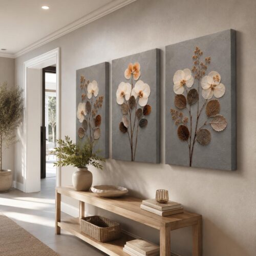 Modern Soyut Çiçekler Kanvas Tablo - 3'lü Canvas Tablo Seti - VOOV4390