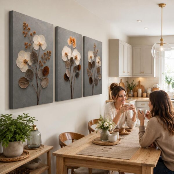 VOOV4390 (4) Modern Soyut Çiçekler Kanvas Tablo - 3'lü Canvas Tablo Seti - VOOV4390