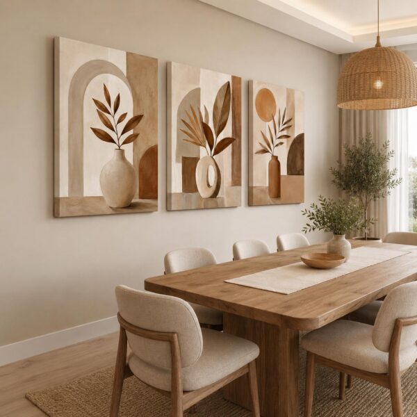 Modern Soyut Vazoda Çiçekler Kanvas Tablo - 3'lü Canvas Tablo Seti - VOOV4391