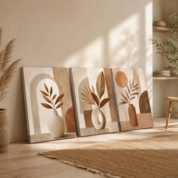 Modern Soyut Vazoda Çiçekler Kanvas Tablo - 3'lü Canvas Tablo Seti - VOOV4391