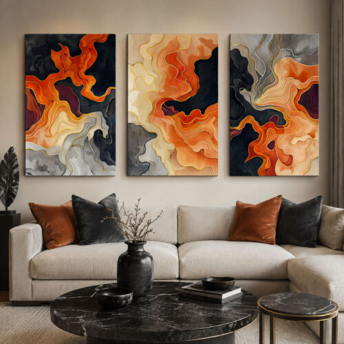 Lav Akışı Kanvas Duvar Tablosu - 3'lü Canvas Tablo Seti - VOOV4392