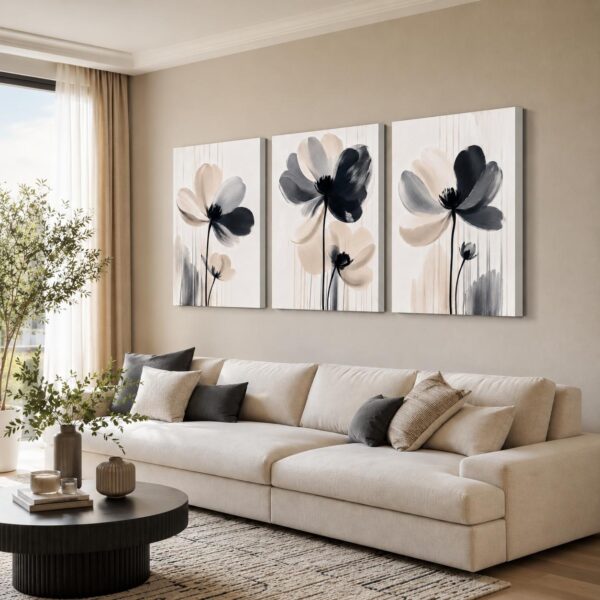 VOOV4394 (1) Modern Soyut Çiçekler Kanvas Tablo - 3'lü Canvas Tablo Seti - VOOV4394