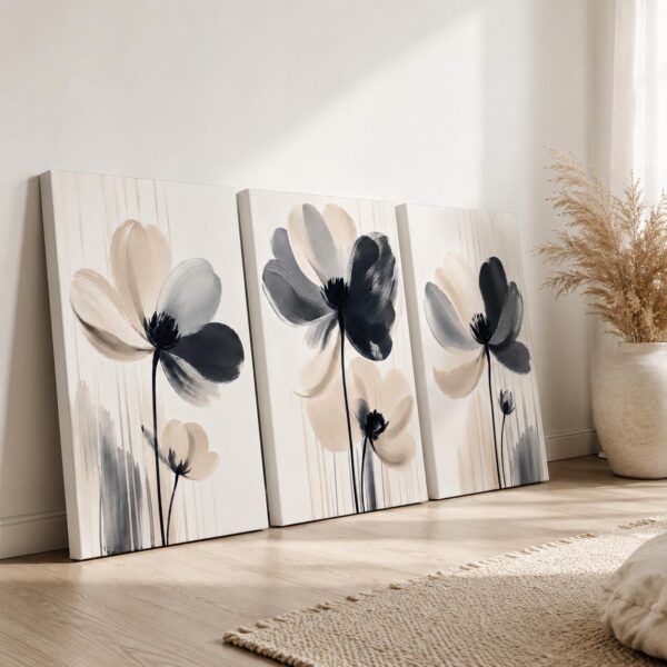 VOOV4394 (3) Modern Soyut Çiçekler Kanvas Tablo - 3'lü Canvas Tablo Seti - VOOV4394