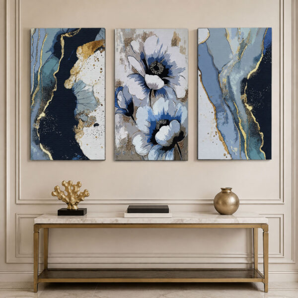 Safir Çiçekleri Kanvas Duvar Tablosu - 3'lü Canvas Tablo Seti - VOOV4396