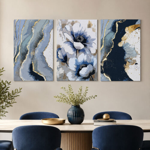 Safir Çiçekleri Kanvas Duvar Tablosu - 3'lü Canvas Tablo Seti - VOOV4396