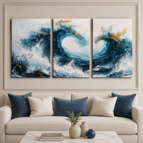 Okyanus Dalgaları Kanvas Duvar Tablosu - 3'lü Canvas Tablo Seti - VOOV4399