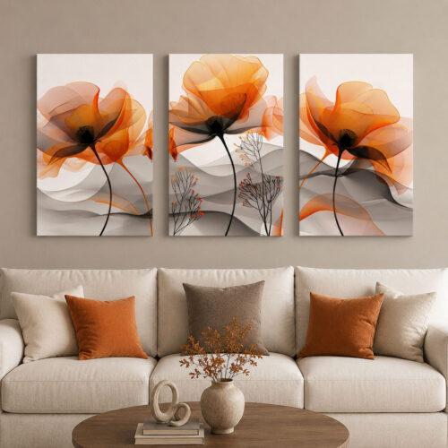 Amber Çiçekleri Kanvas Duvar Tablosu - 3'lü Canvas Tablo Seti - VOOV4400