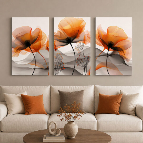 Amber Çiçekleri Kanvas Duvar Tablosu - 3'lü Canvas Tablo Seti - VOOV4400