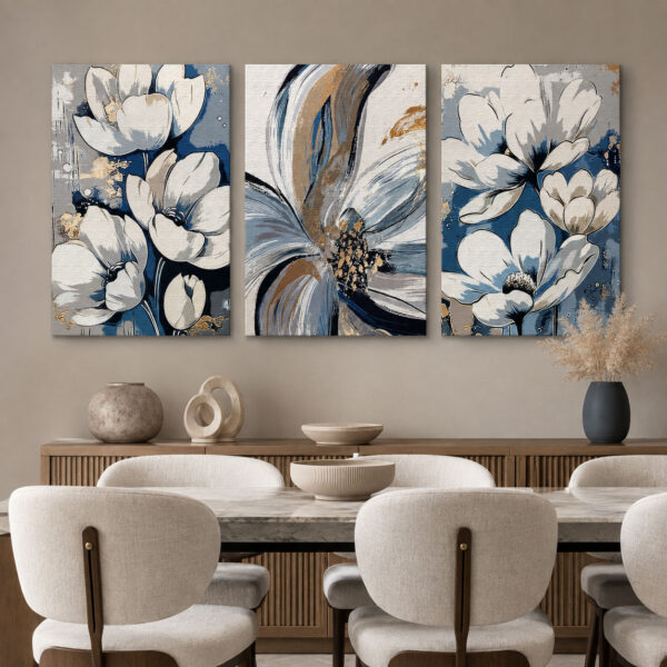 Soyut Çiçekler Kanvas Duvar Tablosu - 3'lü Canvas Tablo Seti - VOOV4404