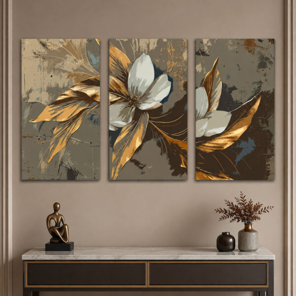 Dekoratif Çiçek ve Yapraklar Kanvas Duvar Tablosu - 3'lü Canvas Tablo Seti - VOOV4405