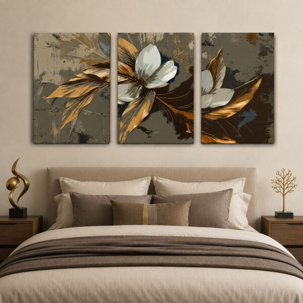 Dekoratif Çiçek ve Yapraklar Kanvas Duvar Tablosu - 3'lü Canvas Tablo Seti - VOOV4405