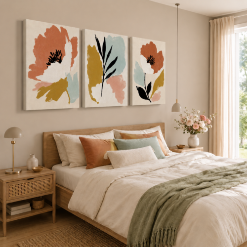 VOOV4405 Modern Soyut Çiçekler Kanvas Tablo - 3'lü Canvas Tablo Seti - VOOV4405