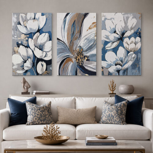Soyut Çiçekler Kanvas Duvar Tablosu - 3'lü Canvas Tablo Seti - VOOV4404