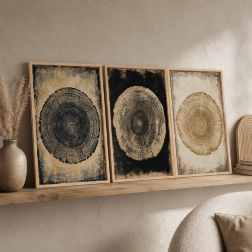 Doğal Ahşap Çerçeveli Minimal Tree Ring Tablo Seti - EW1215
