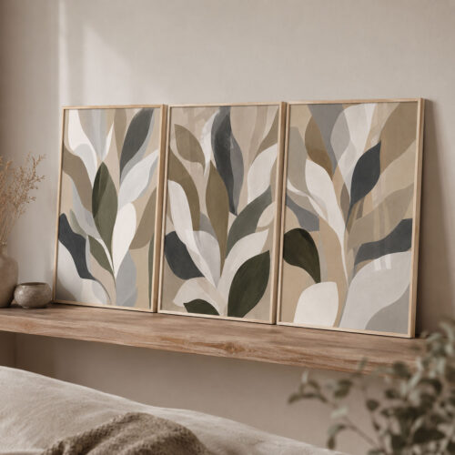 Doğal Ahşap Çerçeveli Minimal Abstract Leaves Tablo Seti - EW1203
