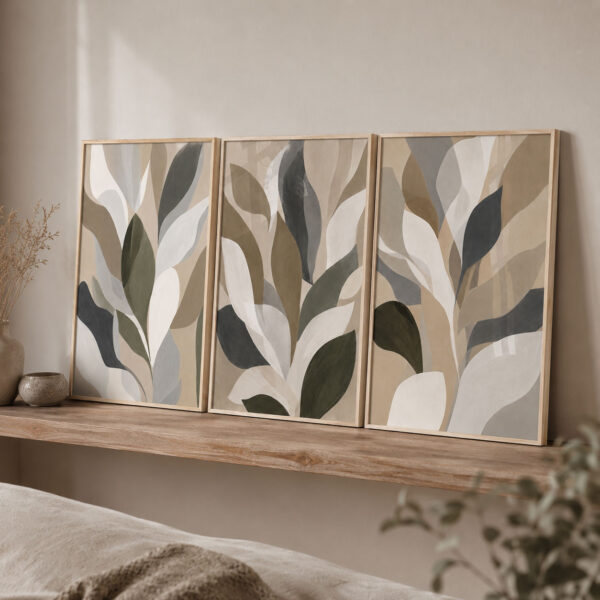Doğal Ahşap Çerçeveli Minimal Abstract Leaves Tablo Seti - EW1203
