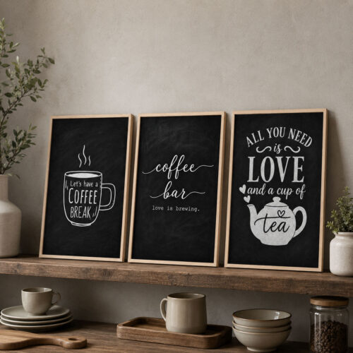 Doğal Ahşap Çerçeveli Minimal Coffee Bar Tablo Seti - EW1204
