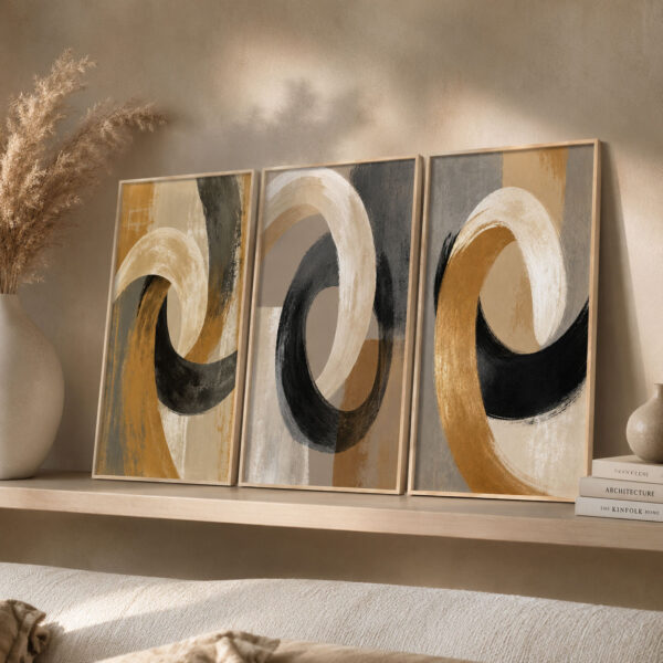 Doğal Ahşap Çerçeveli Minimal Abstract Tablo Seti - EW1205