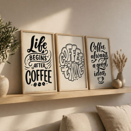 Doğal Ahşap Çerçeveli Minimal Coffee Time Tablo Seti - EW1207
