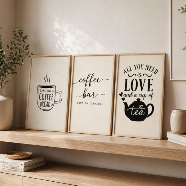 Doğal Ahşap Çerçeveli Minimal Coffee Bar Tablo Seti - EW1209