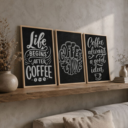 Doğal Ahşap Çerçeveli Minimal Coffee Time Tablo Seti - EW1210